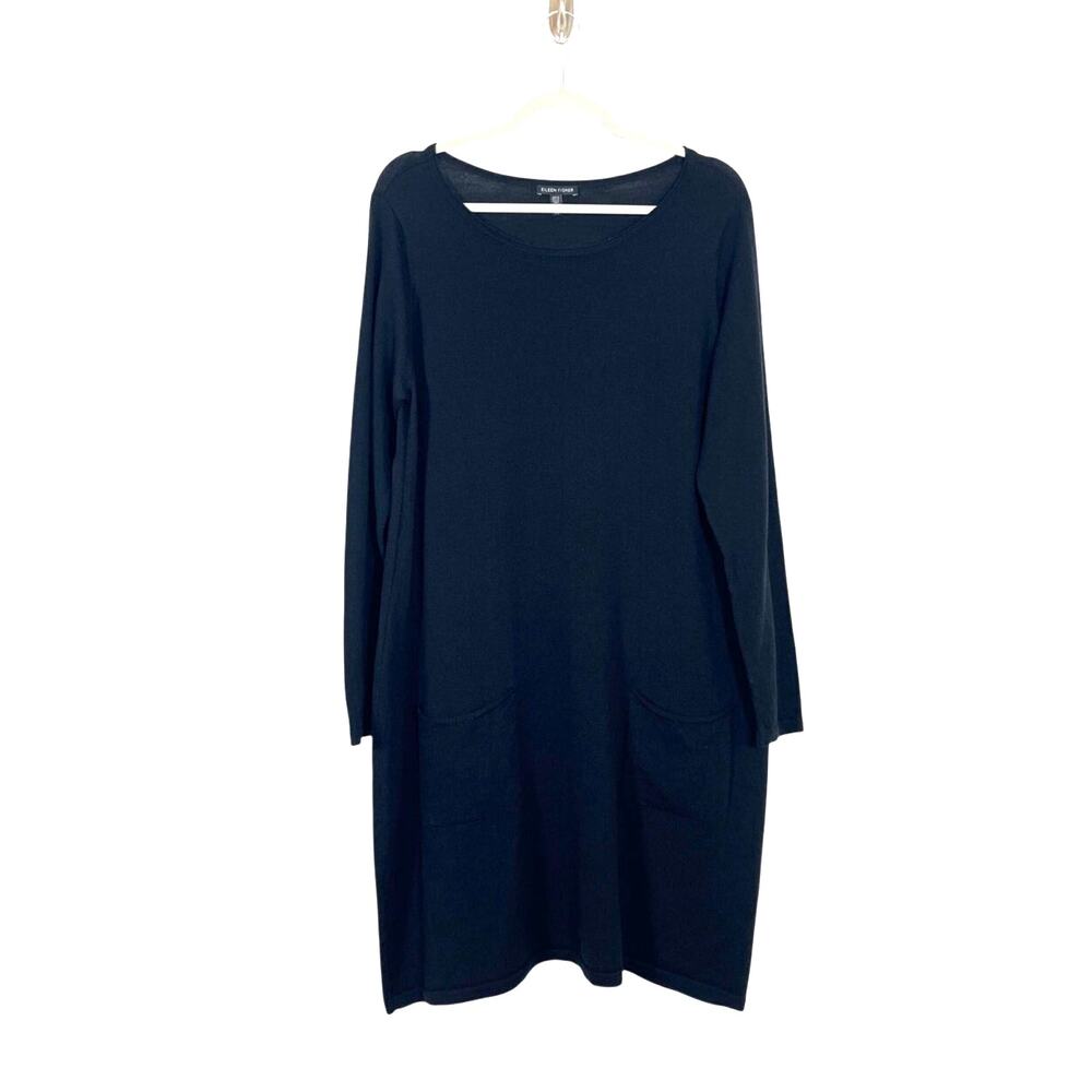 Eileen Fisher 100% Merino Wool Long Sleeve Sweater Dress Italian Yarn Black L